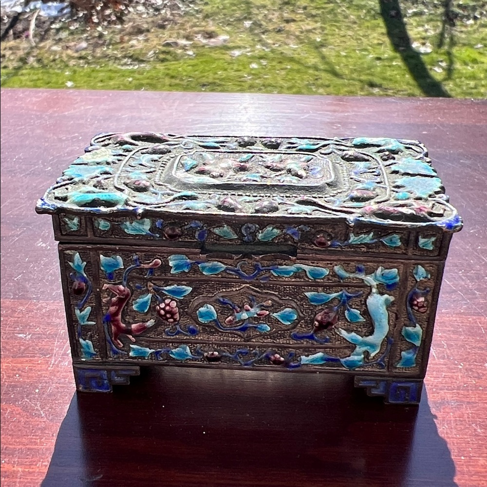 Antique Chinese Silver Plated Blue Purple Enamel Stamp Box Trinket Box - Picture 15 of 17
